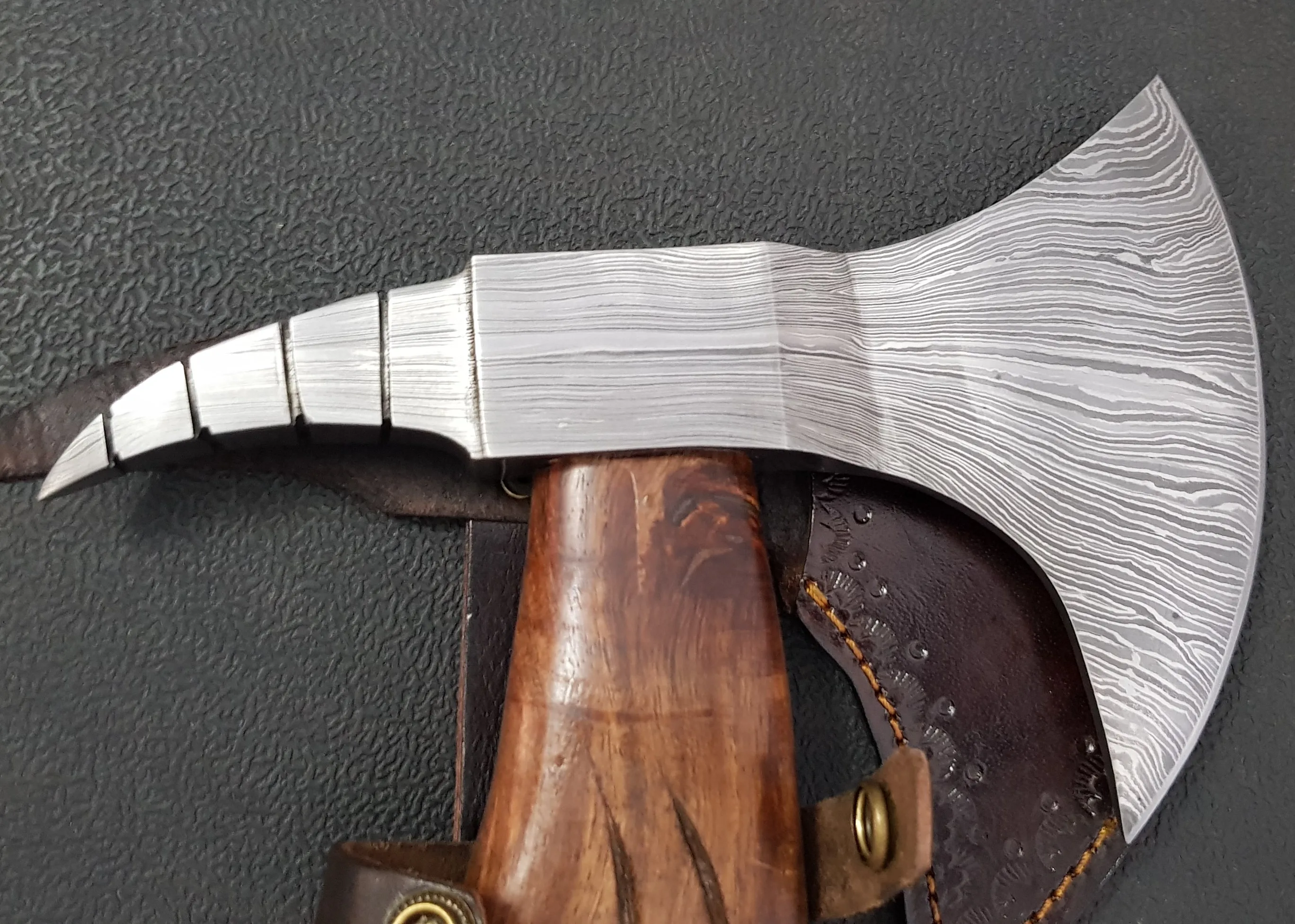Damascus steel axe with rose wood engraved handle