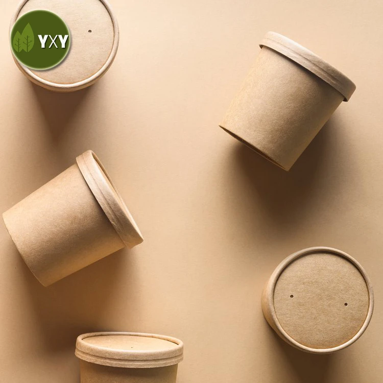 
100% Eco-friendly Take-out Kraft Paper Togo Soup Bowls With Paper Lid 