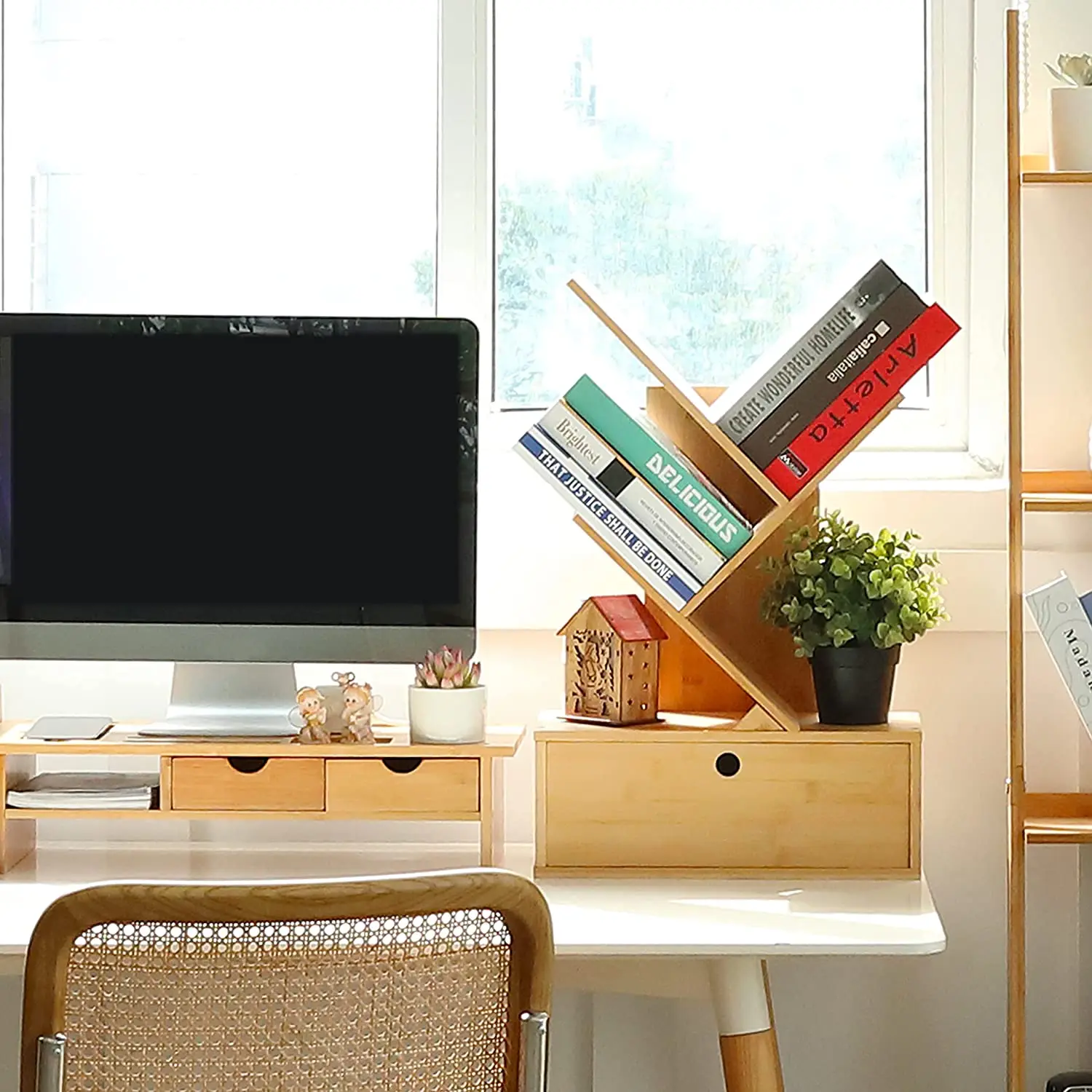 Wholesale Bamboo Wood Free-Standing Holder Organizer Tree Bookshelf Nordic4-Tier Small Book Rack Shelf