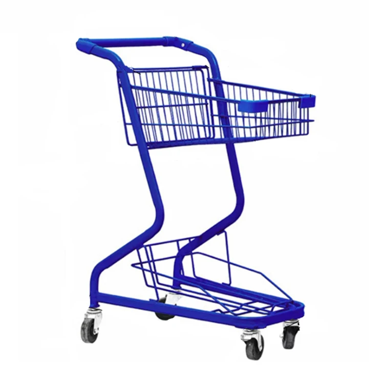 Wholesale Supermarket 2 Tiers Hand Push 4 Wheel Grocery Shopping Trolley Cart