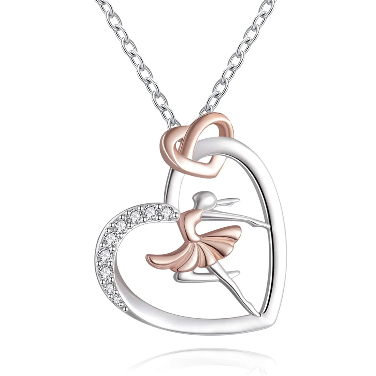 Fine Jewelry 925 Sterling Silver Cube Zircon Ballerina Dancer Lovers Heart Pendant Necklace