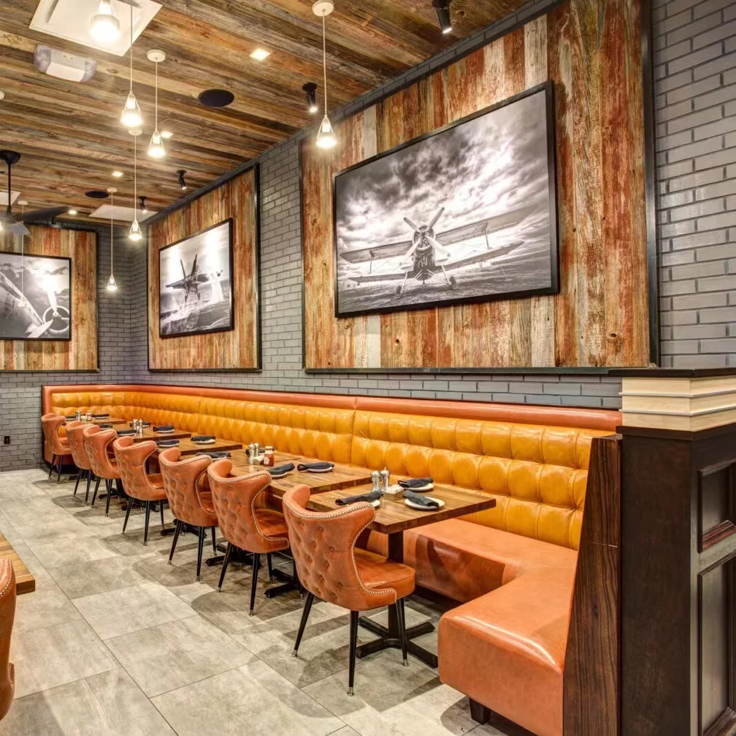 Restaurant Orange Leather Corner Long Booth Seating Bench for Luxury Modern Night Club and Bar Stool