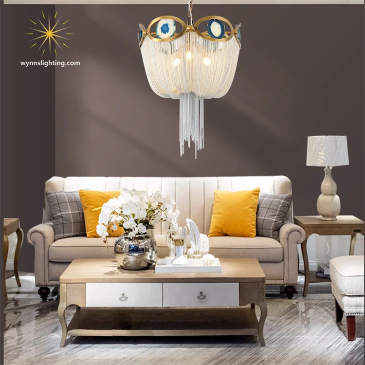 Luxury Postmodern Agate Decor LED Suspension Chandelier Modern Tassel Pendant Lamp for Hotel Bar or Indoor Use E26 Base