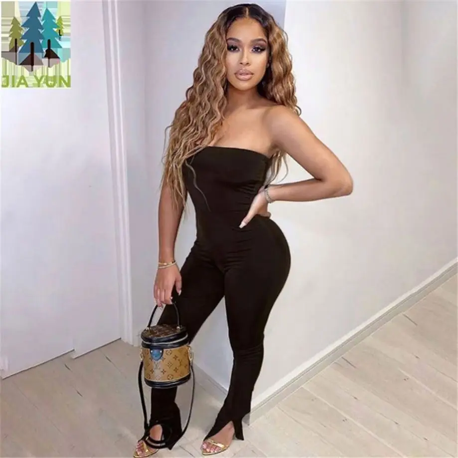 Black Brown Tube Tops Jumpsuits Wholesale Fashion One Piece Brown Bodycon Jumpsuits Fitness Sportswear