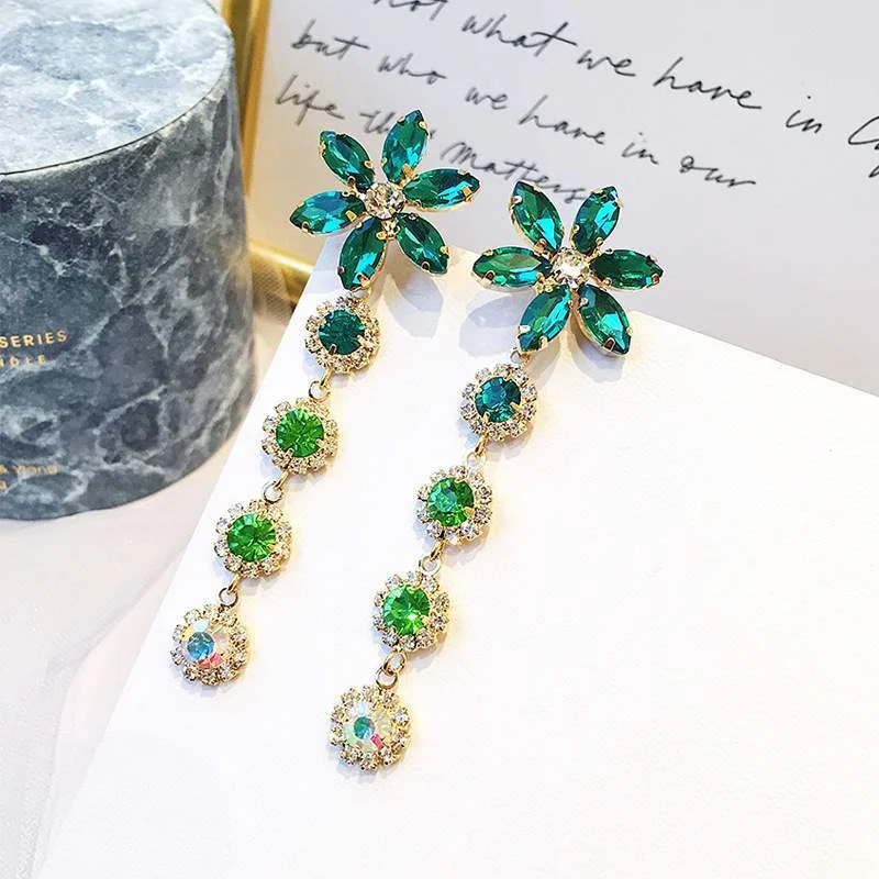 925 silver needle Delicate  flower green crystal pendant earrings Extra-long stud earrings for women