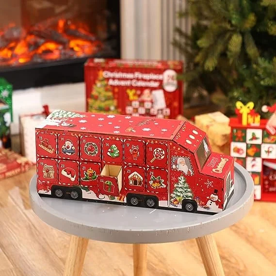 Red Truck Advent Calendar Countdown to Christmas with 24 Storage Drawers Refillable Wood Advent Christmas Wooden Advent Calendar