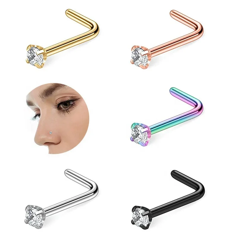Surgical Steel Simple L Shape Septum Nose Rings Body Piercing Jewelry With Zircon Nose Studs