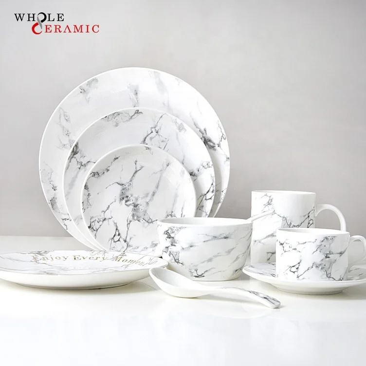 WtP01 Restaurant Dinner Pizza Decor Dessert Charger Serving Dishes, White And Black Marble Crockery Ceramic Plate Set