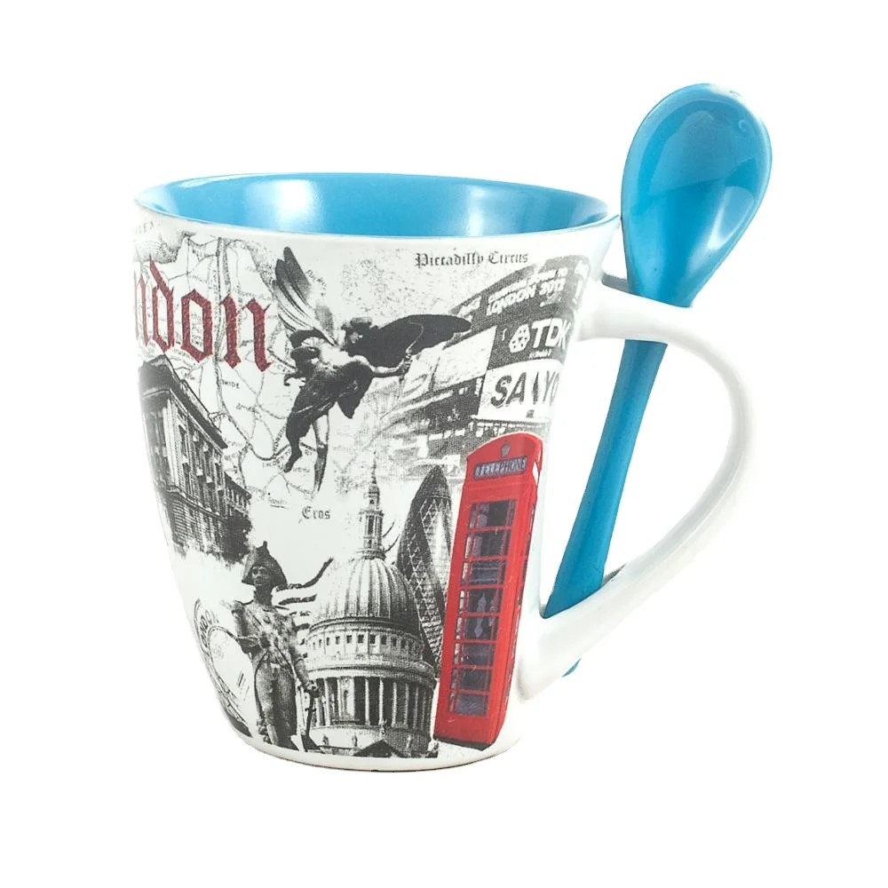 cheap 300ml 10oz london city souvenir inner color mugs set wholesale ceramic coffee mug with spoon