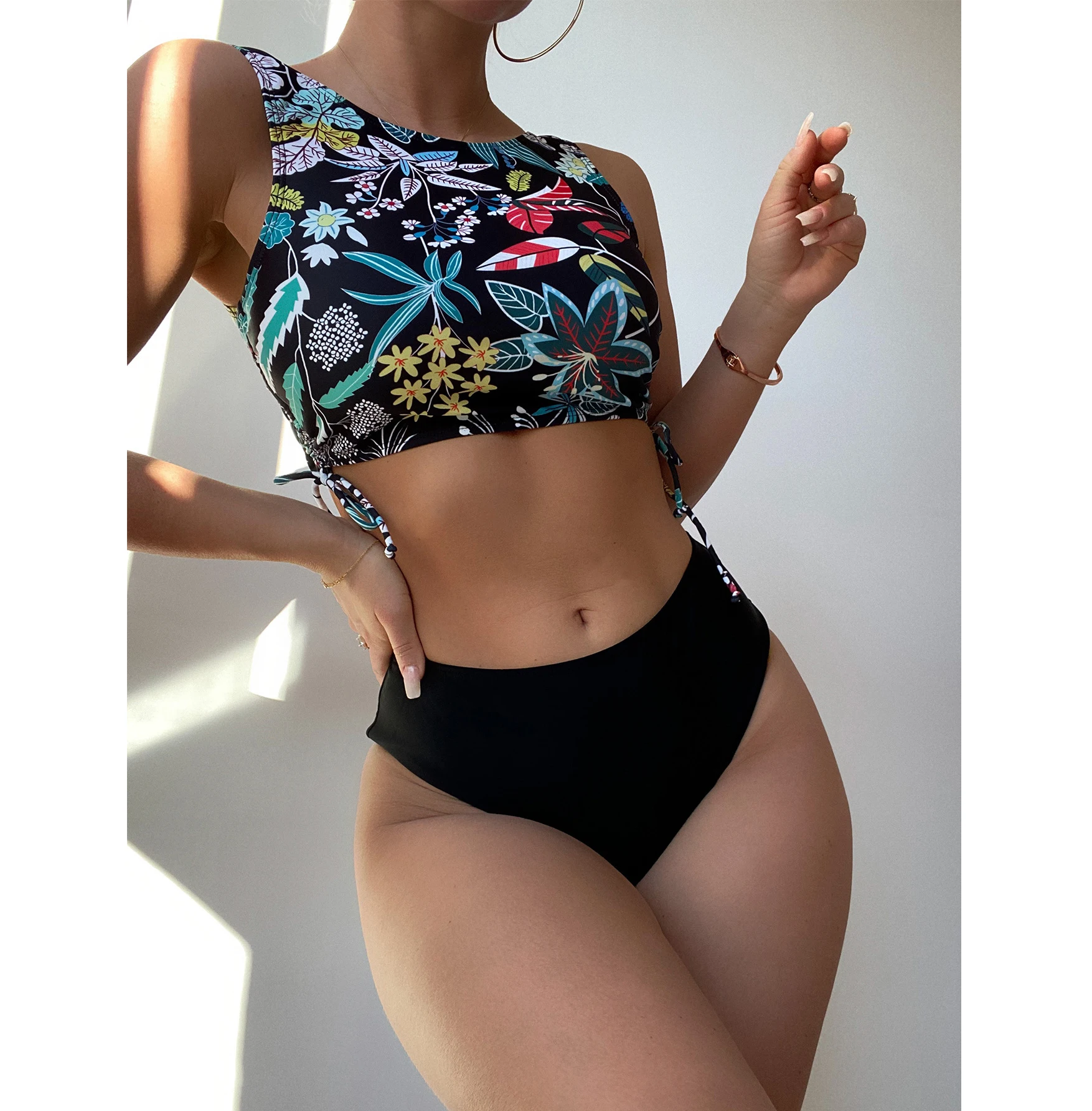 Wholesale Fashion women Wire Free Lingerie Bra And Pantie Set Summer Holiday Wear Split Floral Print Women Two Pieces Swimsuit