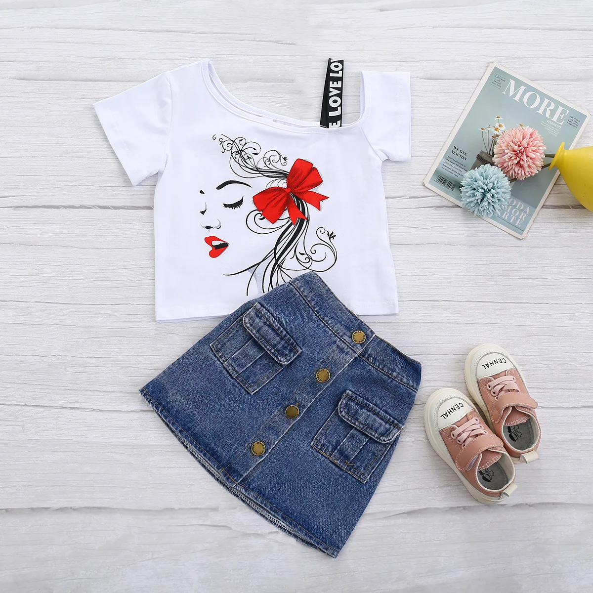 New summer girls clothes set fashion slanted shoulder strap cartoon t-shirt skirt Girls Clothing Set