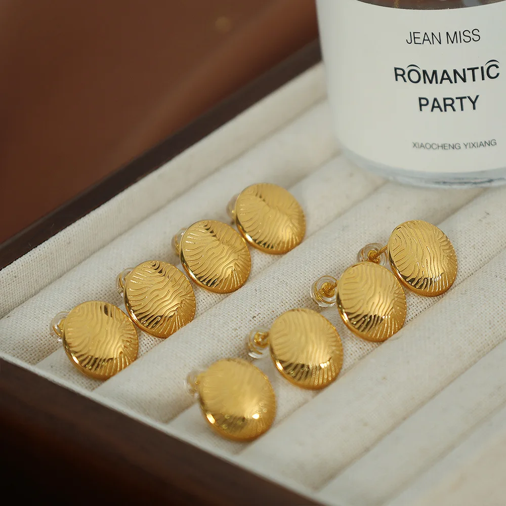 France Style High Quality Real Gold Plated Stainless Steel Irregular Pattern Round Disc Stud Earrings For Women