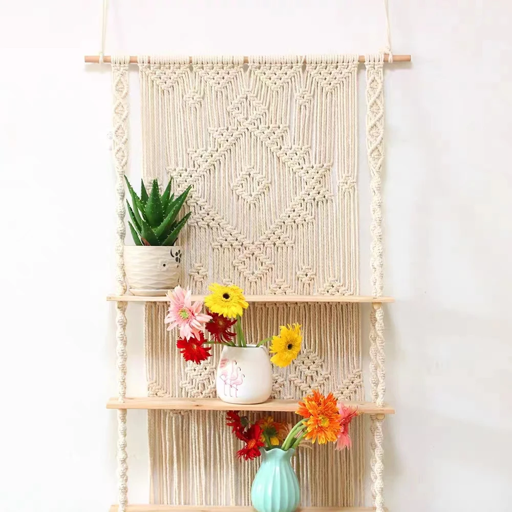 Handmade Woven Rope Macrame Wall Hanging Shelf 3 Tier Boho Shelves Organizer Hanger for Kitchen