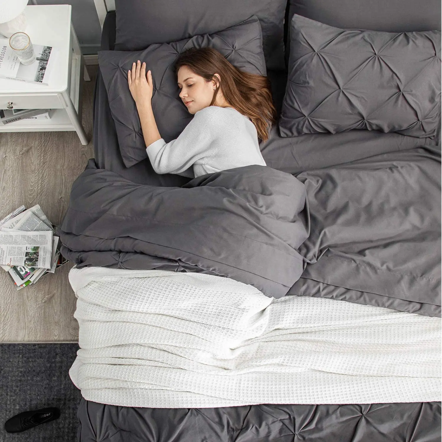 Dark Grey  Bedding Comforter Sets 8 Pieces Pintuck Bed Comforters, Duvet quilt Sheets, Pillowcases & Shams