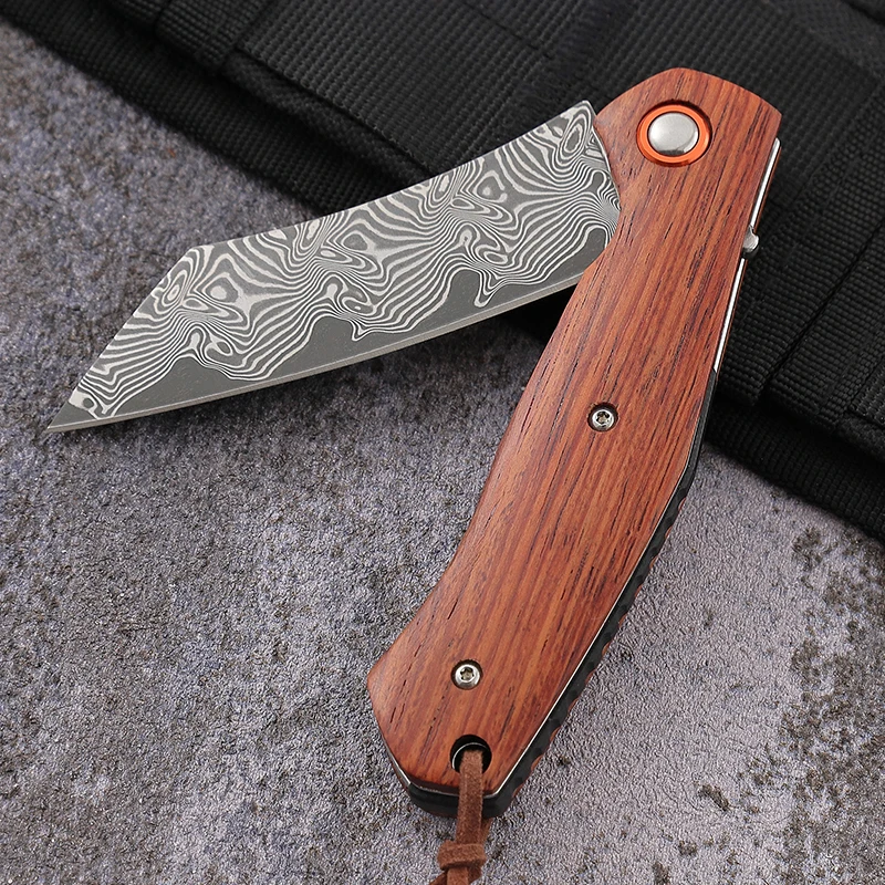 Free Sample Quality Damascus Blade EDC Pocket Knife Customized Folding Wooden Handle Camping Survival OEM Gift Collection Knife