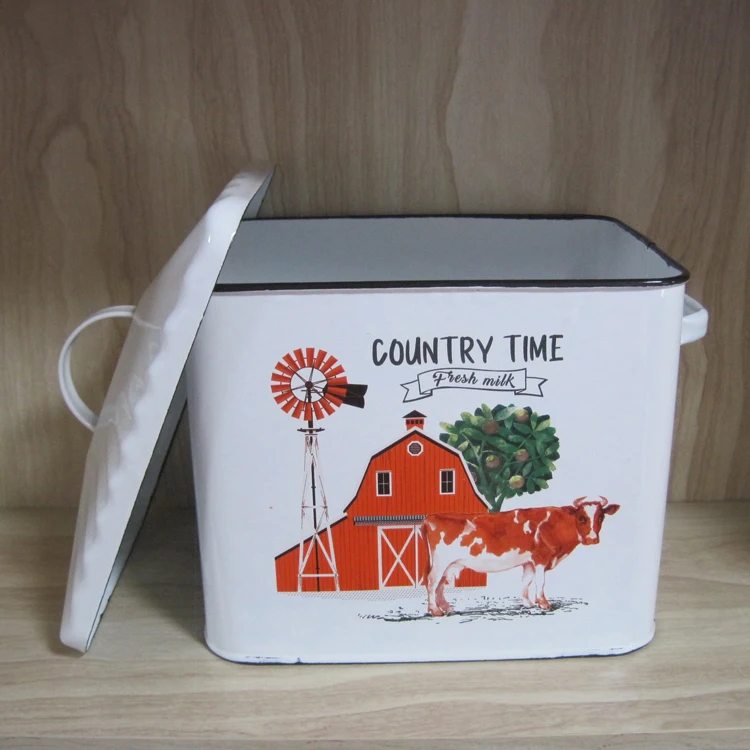 Multifunction Country Metal Vintage Kitchen Wedding Handmade Bread Box Storage Box Flour Pot with Lid Enamel