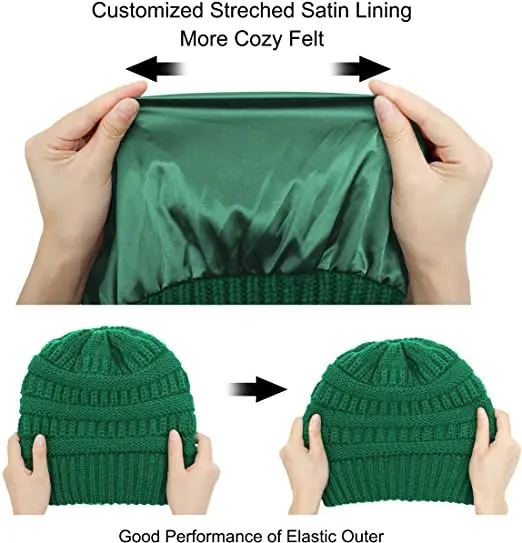 Winter Knitted Satin Lined Green Color Beanie Hats for Women Slouchy Cable Beanie Silky Soft Washed Warm Hat