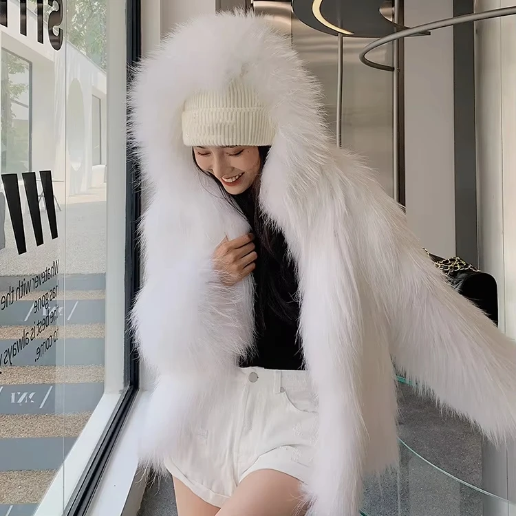 New Fashion Knitted Natural Raccoon Fur Coat Winter Fluffy Fur Jacket For Ladies Luxury Warm Overcoat