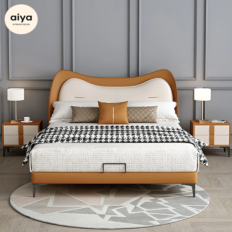 Italian Luxury Contrast Color leather upholstered soft bed child bed with storage