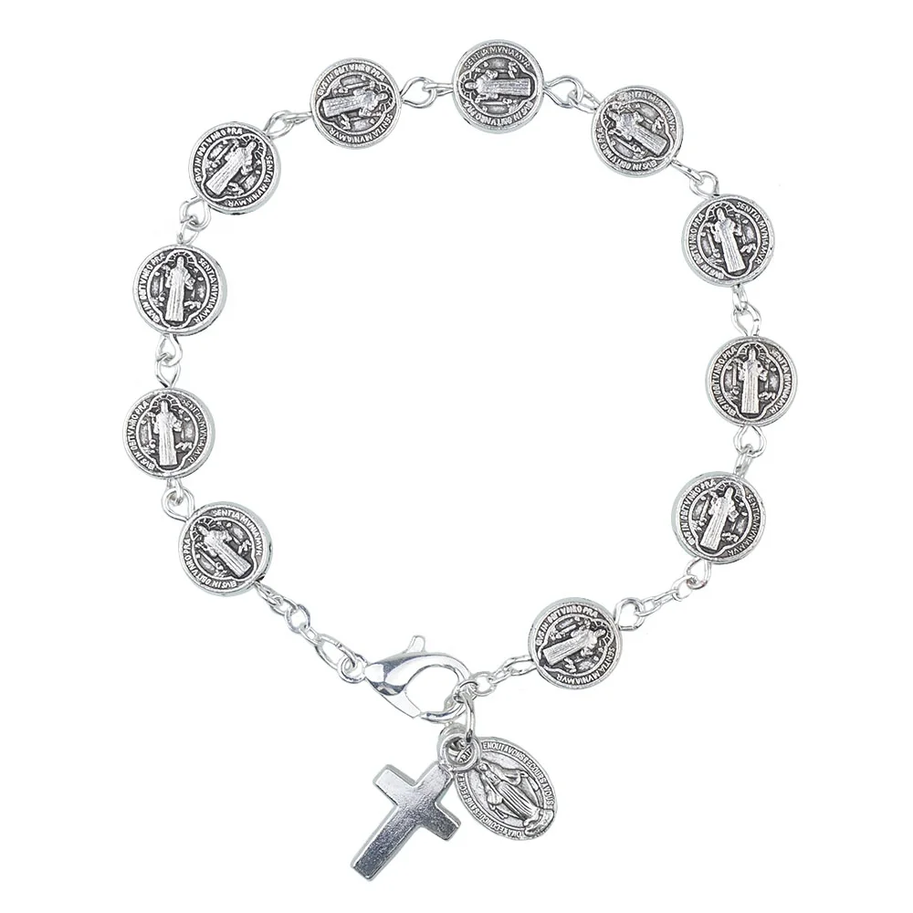 Classic San Benito Rosary Bracelet Religious Silver Alloy Metal Saint Benedict Beads Miraculous Catholic Gift Idea Elegant