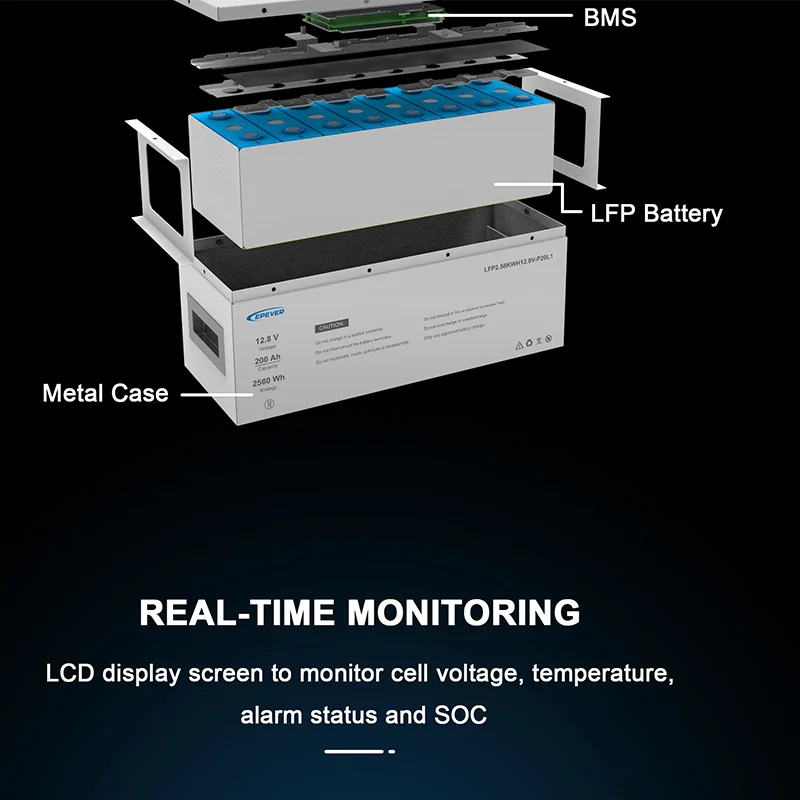 EPEVER LCD Display 2560WH Energy 12.8V 200Ah Lithium Battery With BMS in RV/Motorhome/Solar System