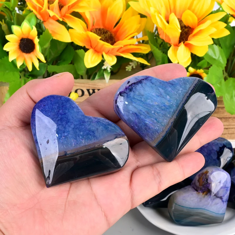 Hand Carved Natural Crystal Heart Palm Stone Purple Lace Agate With Druzy Heart For Healing