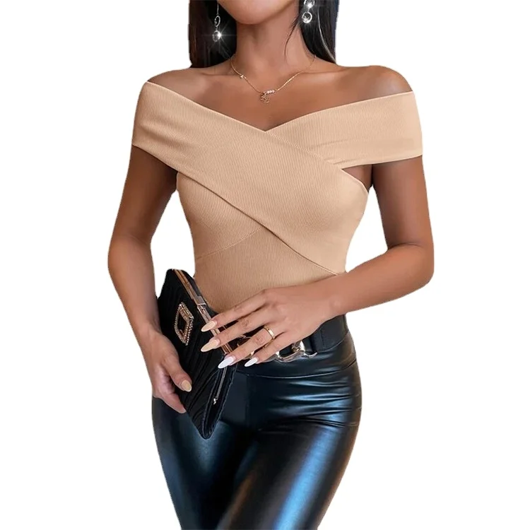 Sexy low cut mature styles off shoulder cross collar design skinny lady short sleeve blouse shirt for summer