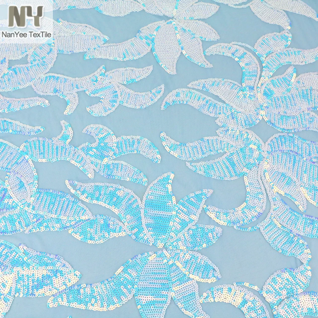 Nanyee Textile 3mm Micro Blue Iridescent Sequin Embroidered On Power Mesh