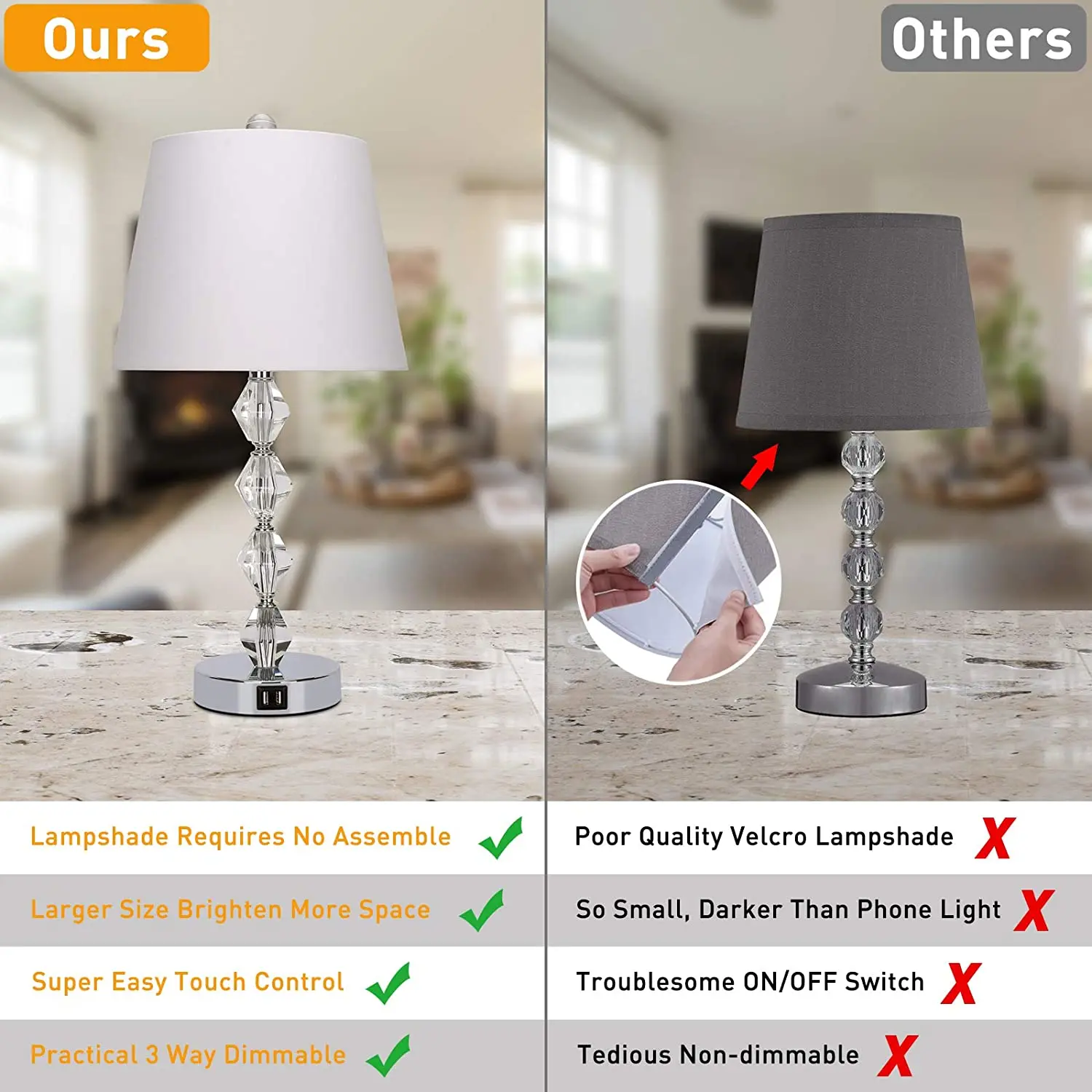 Touch Control Crystal Table Lamp 3 Way Dimmable Bedside Lamp with 2 USB Charging Ports