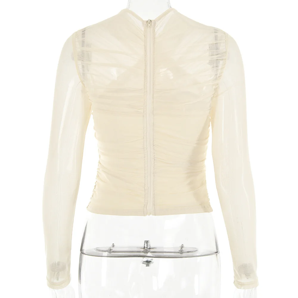 Mesh Solid color versatile top Women Long Sleeve pleated slim fit  Blouse Slim T-shirts