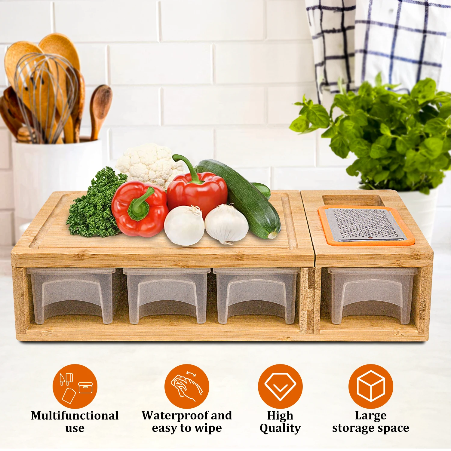 Multi-functional Bamboo Cutting Chopping Board With Removable Lid And Tray Kitchen Chopping Block With Storage Containers