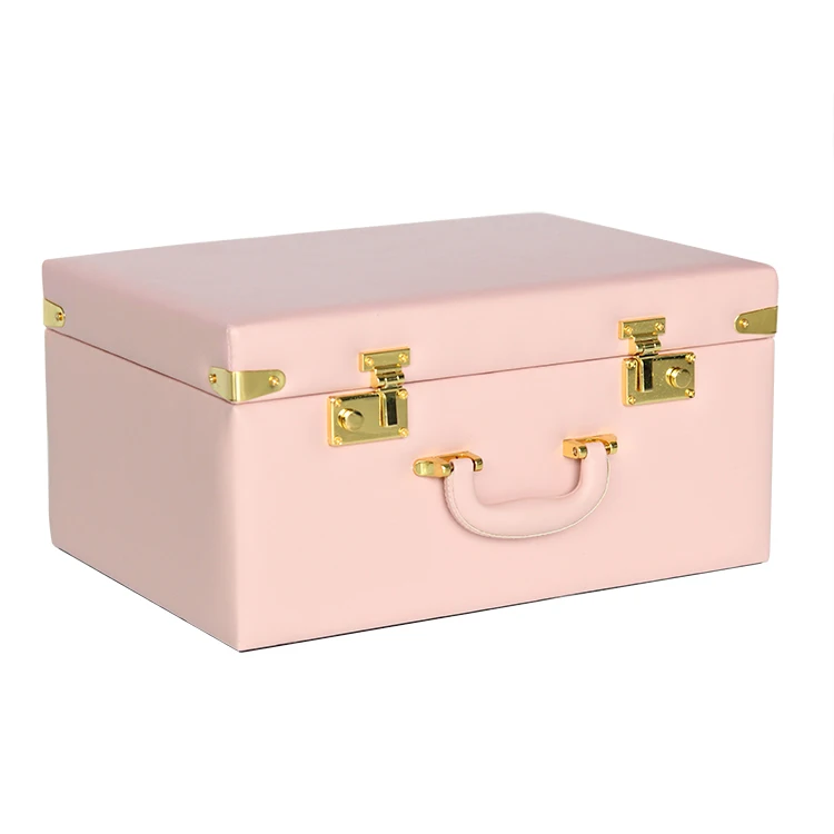 Pink vintage travel leather box  multifunctional pu leather cute box  with fabric storage insert