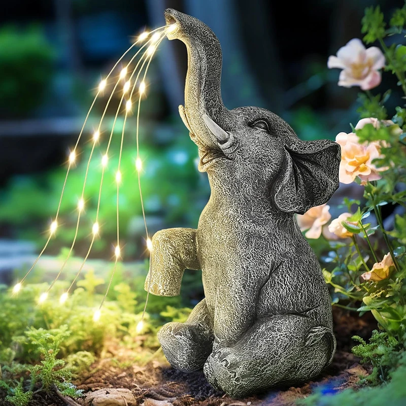 BSCI Factory Solar Outdoor Statue Garden Decor Elephant Watering LED Lights
