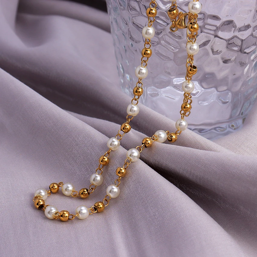 Dainty 18K Gold Beads Link Chain Necklace Elegant Temperament Ladies Jewelry Waterproof Small Pearl and Bead Choker Necklace