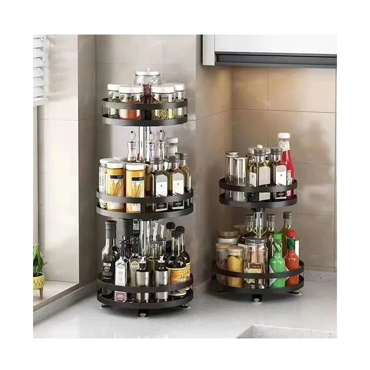 2nd floor kitchen seasoning storage rack with rotating counter top for household storage