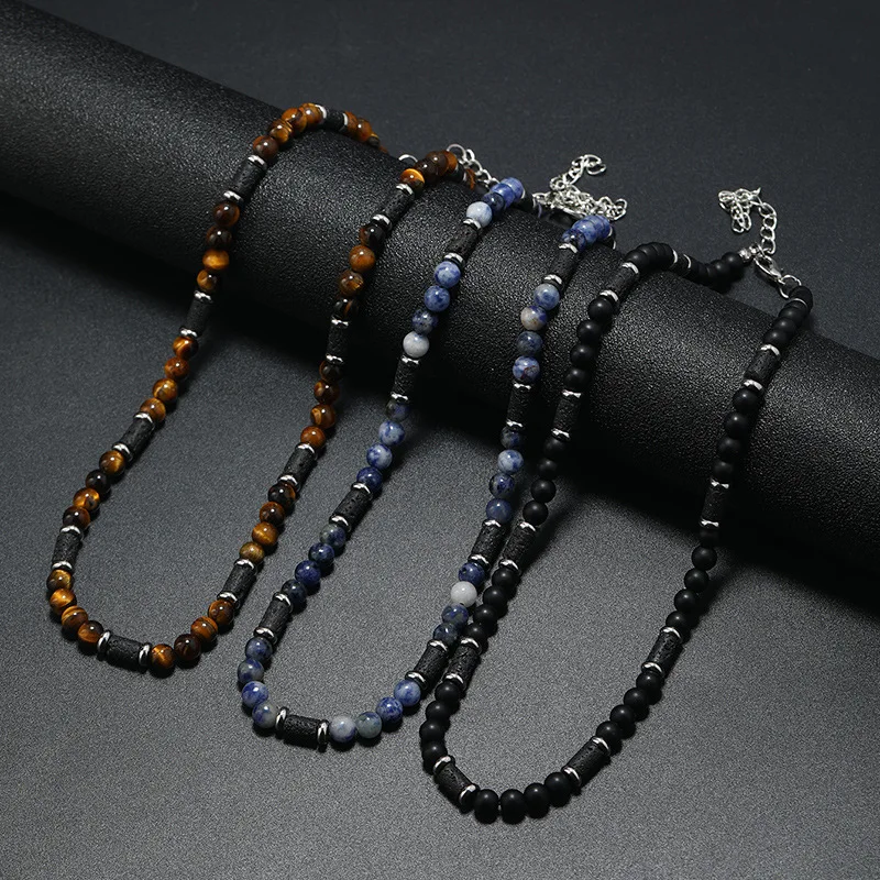 Collares De Piedras Naturales Tiger Eye Matte Onyx Hematite Beads Stainless Steel Clasp Lava Eye Stone Necklace Men