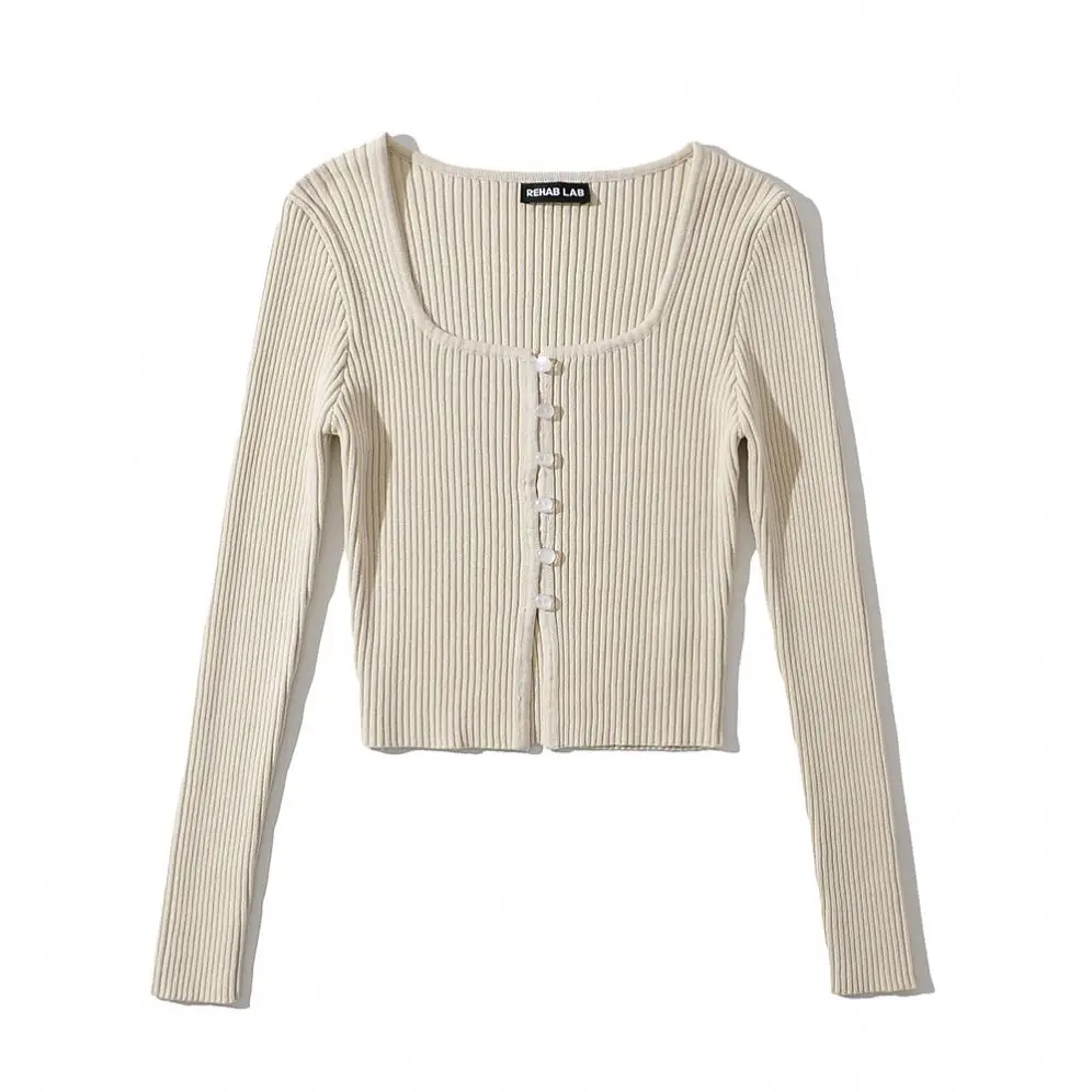W212 5 colorway ribbed stretchy square collar vintage retro design single breasted cropped cardigan women knitted sweater