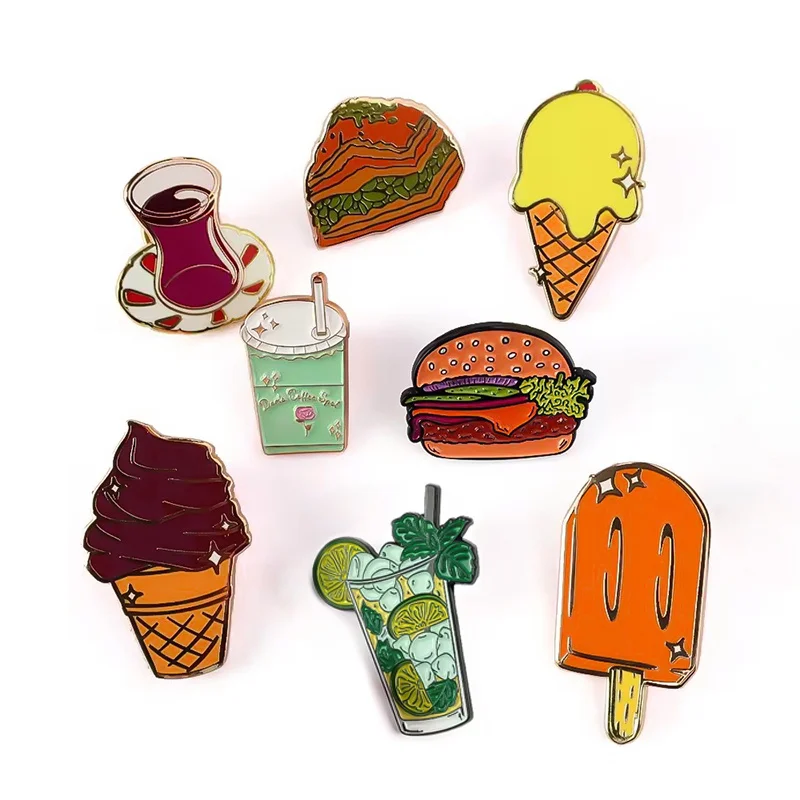 Low moq metal food enamel pin baking theme cookie dominos pizza lapel pin badges