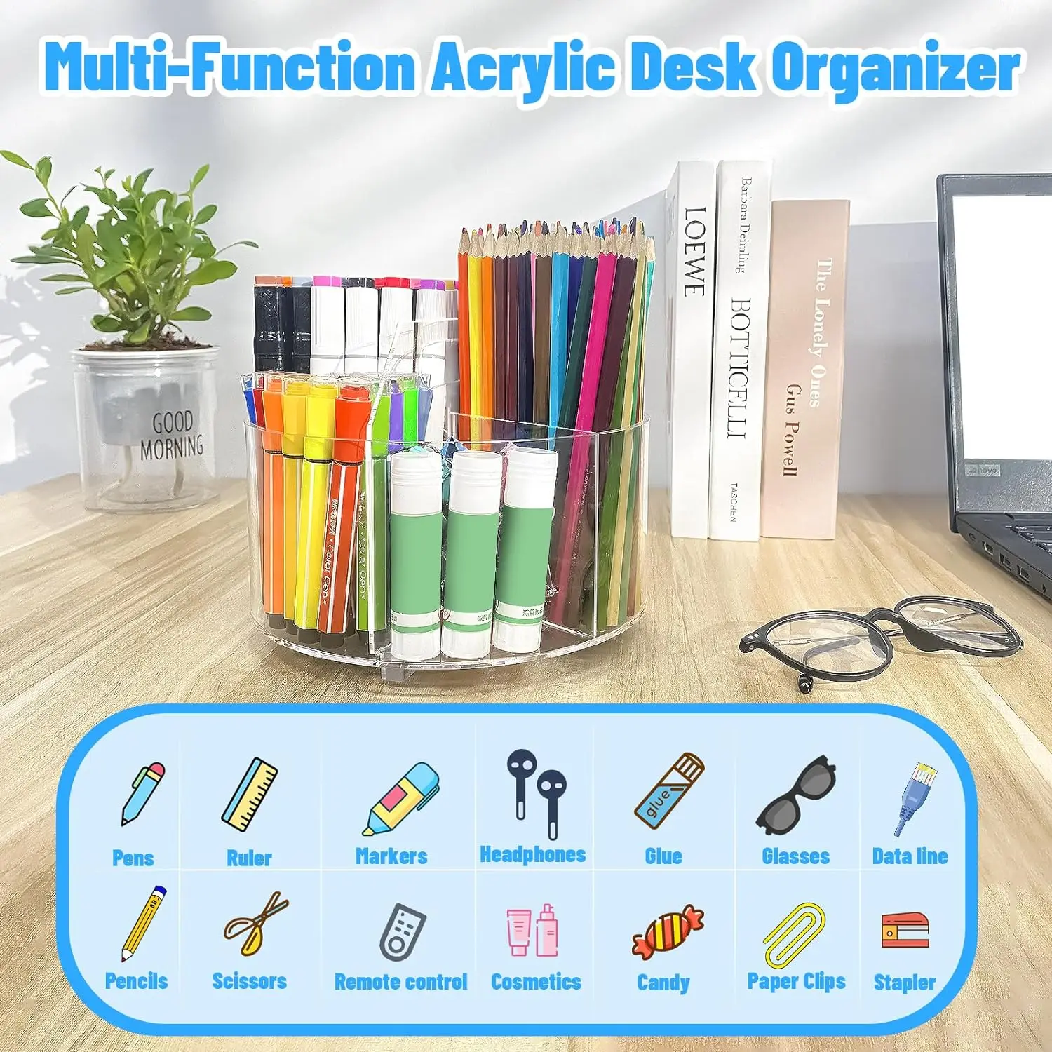 Large Capacity Desktop 360  Acrylic Desktop Pencil Pen Organizer Office Crayon Marker Holder Acrylic Cosmetics Storage Rack