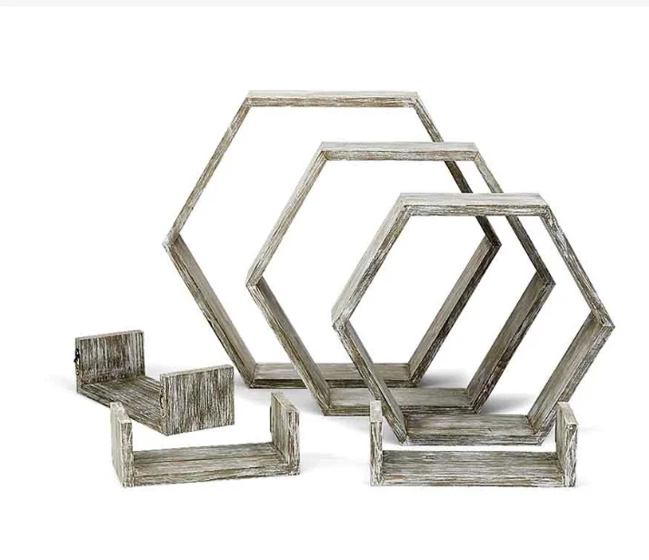 
Wall shelves set of 6-countryside wood hexagon boxes and U-shape floating wood shelves 