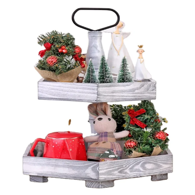 Made in China Serving Storage Stand Distressed 2-tier Wooden Tray