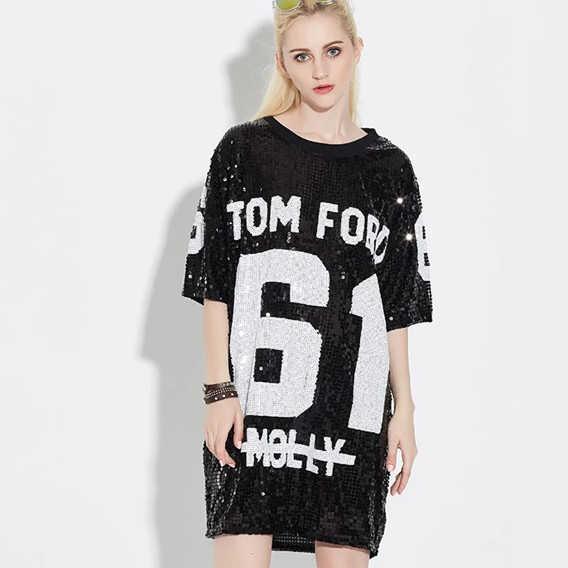 
2021 new fashion women summer casual dress bling bling glitter sequined t shirt dress club clothing hip hop oversize loose dress 