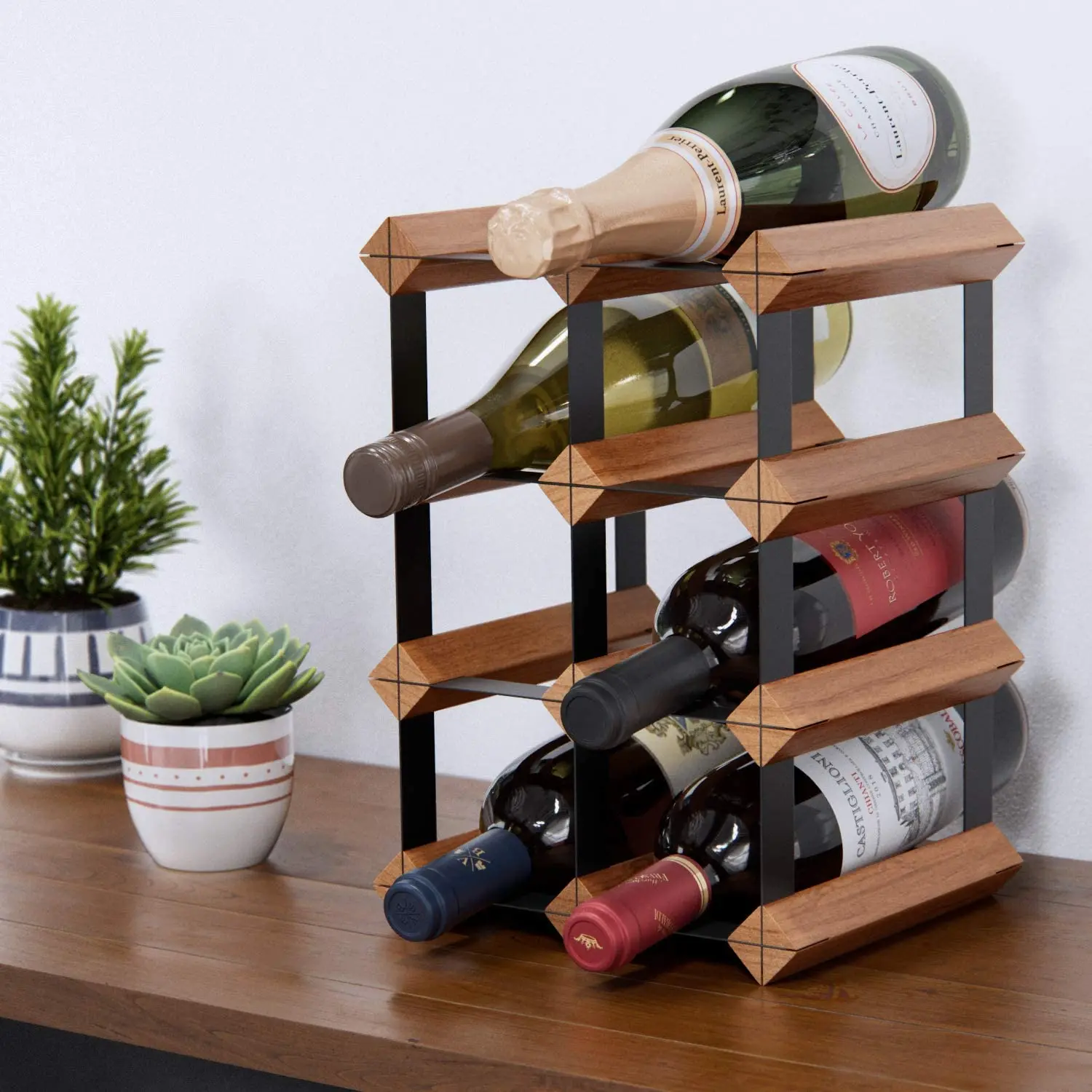 
Factory sales customizable solid wood multi-layer metal wine bottle rack with bar countertop Wine rack 