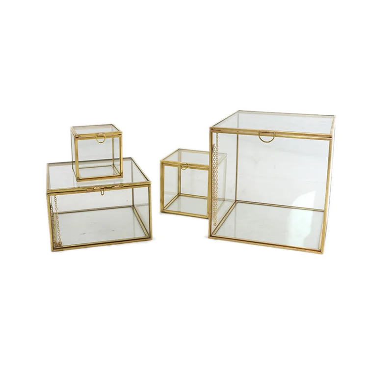 Wholesale custom vintage small geometric metal trinket box rose gold copper glass jewelry ring display box for wedding favor