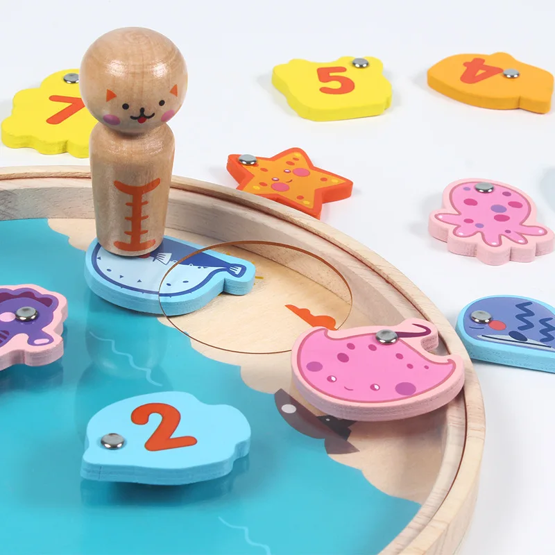 Wholesale Wooden Cat Fishing Toy for Kids Double-Sided Alphabet and Number Educational Game