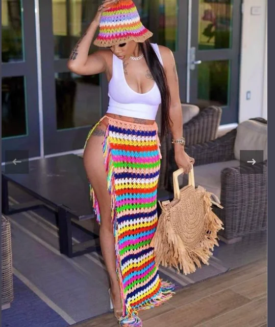 Best Seller Multicolor Tassel Hand Knitting Long Skirts Summer Beach Wear Crochet Skirt Coverups For Swimsuits