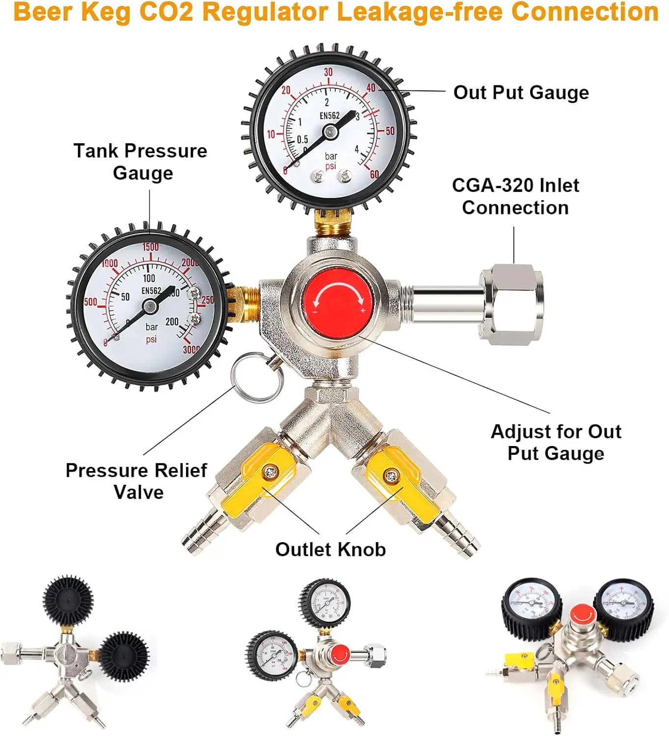 CGA320 Y Type CO2 Regulator,  Adjustable Pressure Regulator with 2 Barbs and Safety Valve for Draft Beer Homebrew