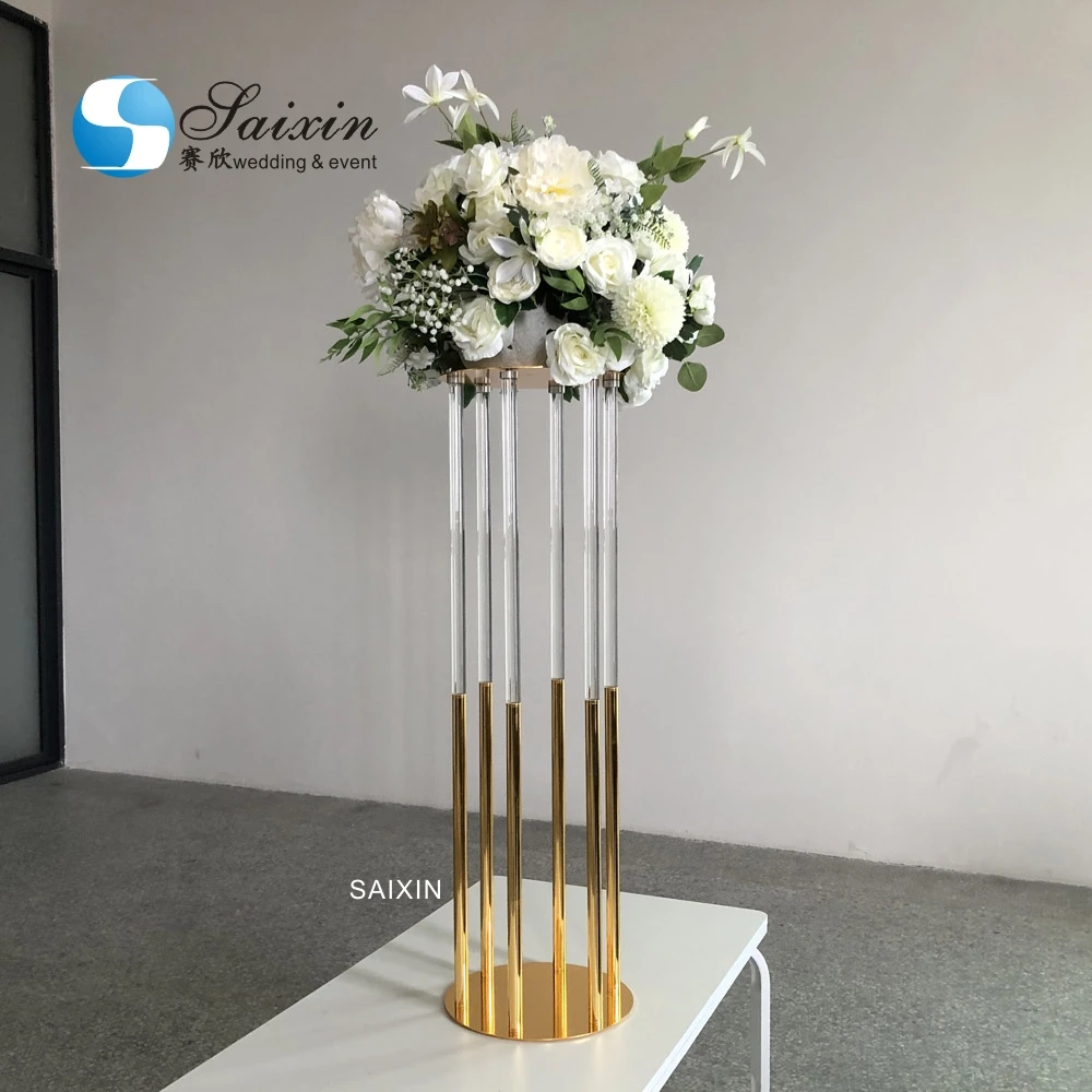 ZT-561 New 6 pole gold with clear crystal flower stand for wedding decor