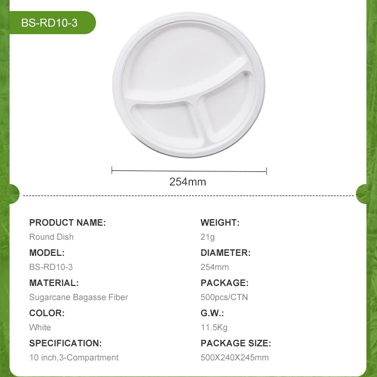 BIOSANO Custom Sugar Cane Fibers 10 Inches 3 Compartment Parties Wedding Special Events  Bagasse Food Container Round Trays