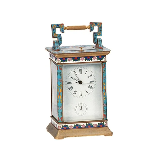 Large French Style Antique Gilt Brass Cased 8 Day Repeater Blue Floral Cloisonne Enamel Decorated Travel Clock/Watch